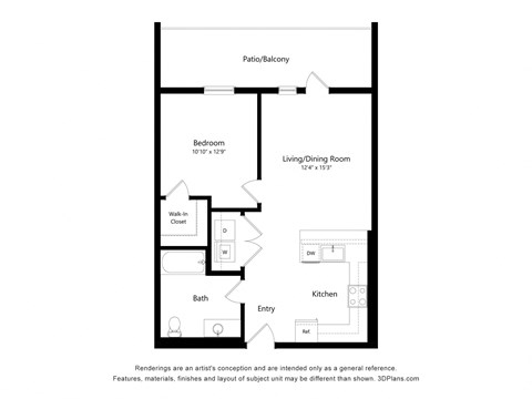 Floor plan for 1 bed, 1 bath, 707 sqft
